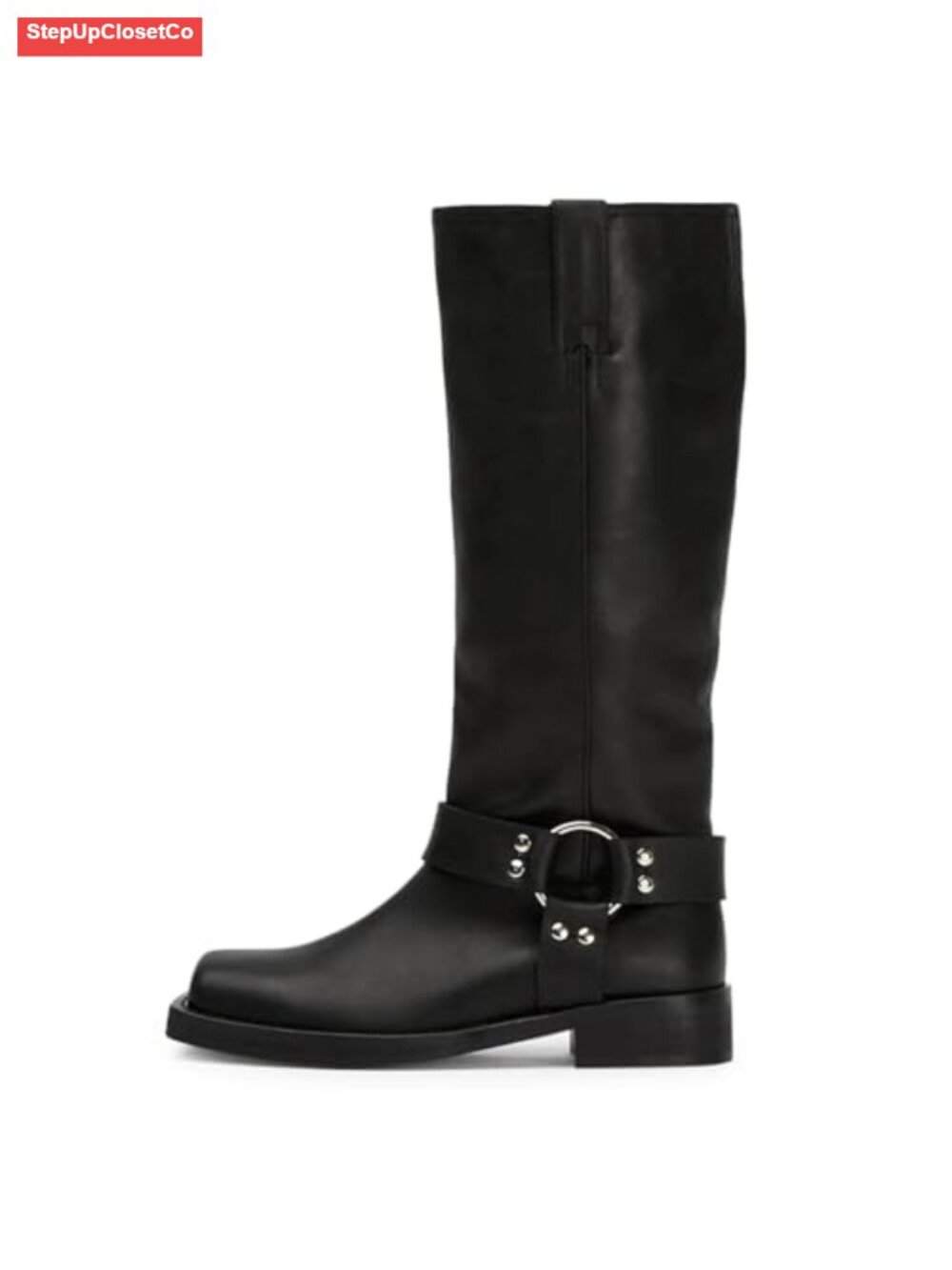 Women's Knee High Riding Boots Square Toe Block Chunky Heel Pull On Motorcycle